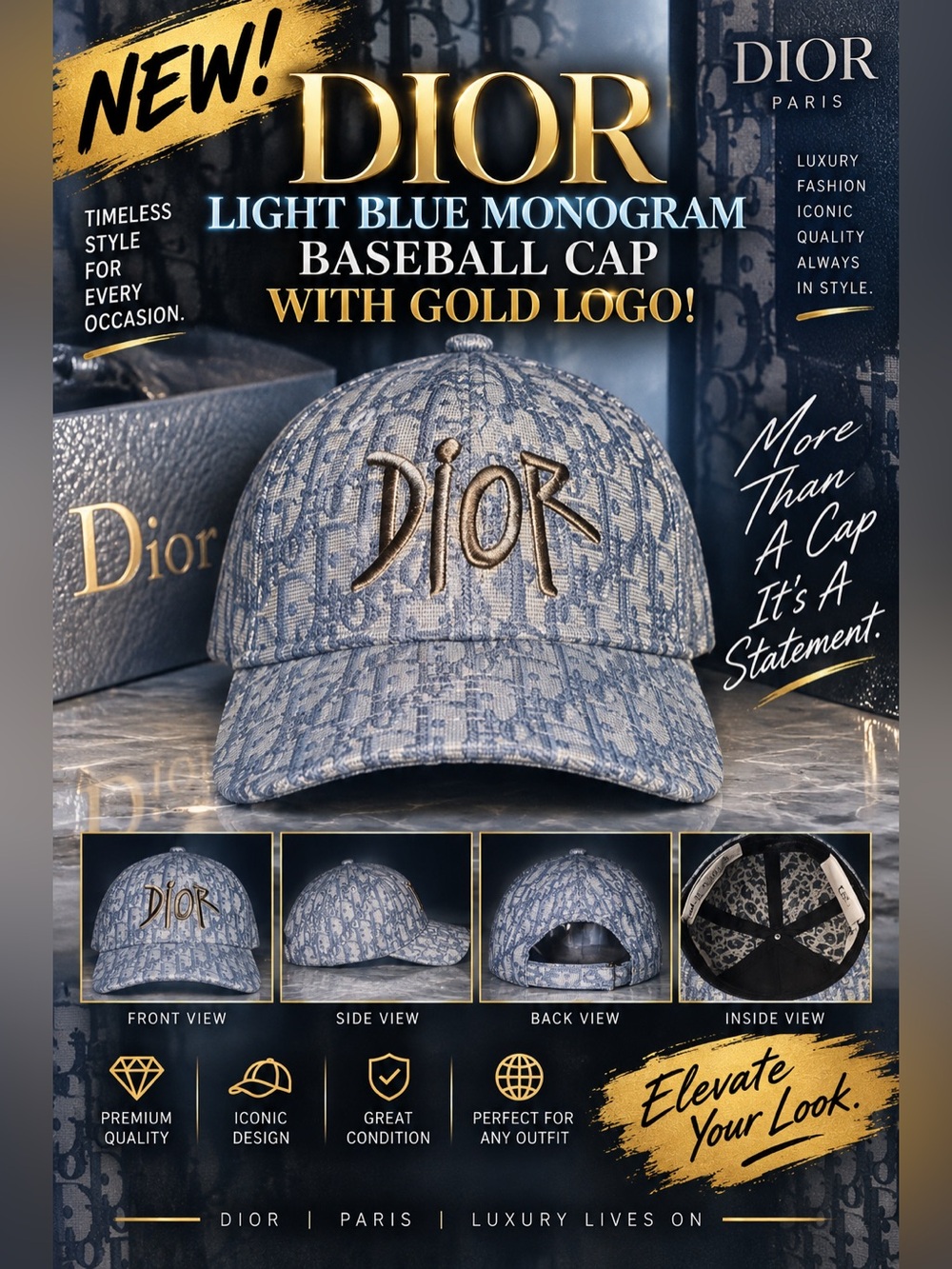 New!🔥Dior Light Blue Monogram Baseball Cap with Gold Logo!🔥